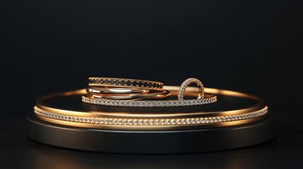 Round podium and golden rings on black background. Vector realistic illustration of luxury product presentation platform, modern advertising showroom for jewelry or elite cosmetics, empty pedestal