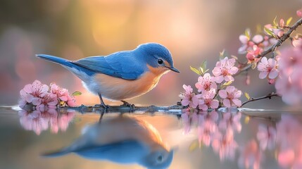 Fototapeta premium Bluebird perched, spring blossoms, water reflection, sunrise, nature