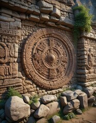 Ancient stone wall with intricate carvings echoing mysterious sounds, mystic, whispers