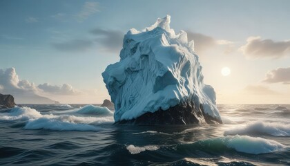 An iceberg partially hidden by a layer of ocean foam or bubbles on the surface of the ocean, sea, underwater scene