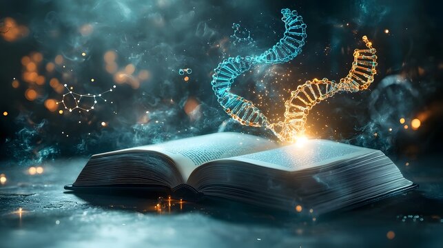 An illuminated book projecting a colorful and captivating chemical world featuring a 3D DNA strand a glowing ring and dynamic molecular structures in action  Floating holograms of catalyst functions
