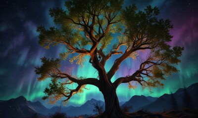 Fototapeta premium Aurora borealis lights shining through the branches of a tree, aurora borealis, tree branches, natural light