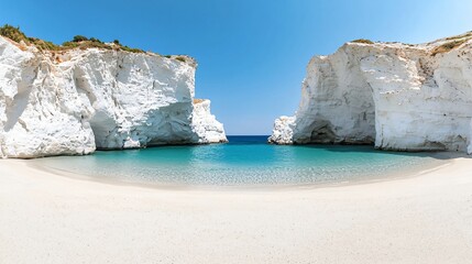 Fototapeta premium Secluded cove, white cliffs, turquoise water, sunny day, idyllic beach escape
