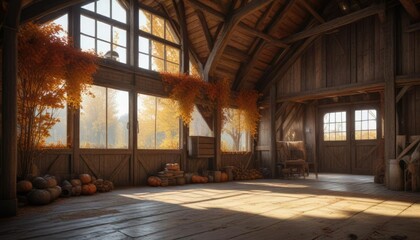 Barn interior with autumnal colors and natural elements, pumpkins, outdoorsy