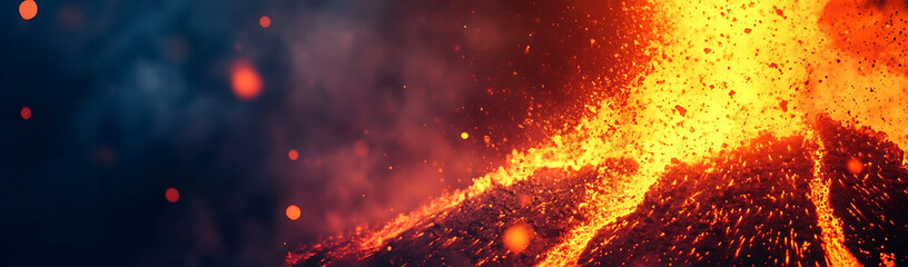 Obraz premium Fiery volcanic eruption with glowing lava and dark smoke