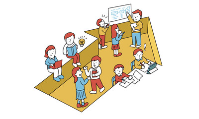 将来に向かってそれぞれの方法で勉強するいろんな世代の学生のイメージイラスト