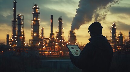 Industry worker in a refinery reading recent news on a tablet 