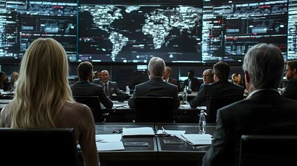 Global business team members engaged in a high level strategy meeting in a futuristic command center