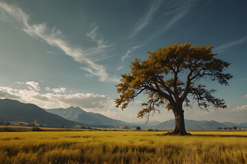 Fototapeta premium Lonely tree in the middle of the yellow fields with the background of huge mountain