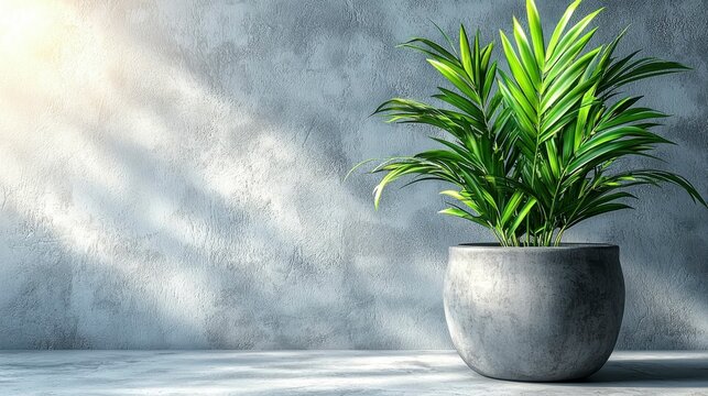 Abstract minimal light blue background with tropical leaf and curtain shadows on a plaster wall, offering a clean and tranquil backdrop for product displays.