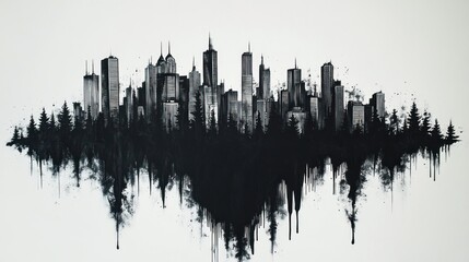 Cityscape Emerging from Forest: A Monochromatic Masterpiece