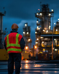 Industrial Worker at Dawn with Reflective Safety Gear
