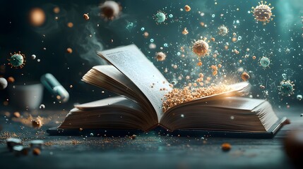 Open book glowing with energy revealing a captivating scene of microbiology with bacteria viruses and immune cells in action  Surrounding the book are floating holograms of genetic codes