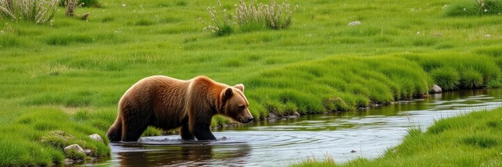 Obraz premium Brown bear wades through shallow stream in a lush green meadow, earthy tones, wildlife