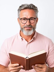 Smiling Middle-Aged Man Reading a Book, Portrait Photography, Studio Shot