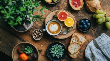 Rustic table, healthy breakfast, latte art, overhead shot, food blog