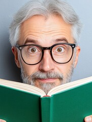 Surprised Senior Man Reading a Book Close-up Portrait Showing Curiosity and Amazement