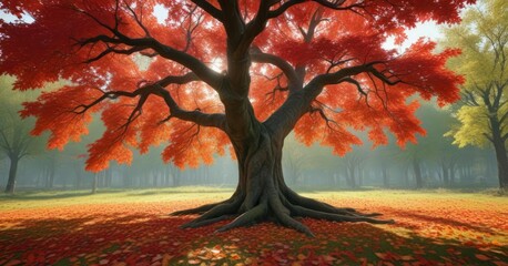 Capturing the beauty of a tree during autumn with bright green and red leaves, autumn maples, forest scenery, maple trees