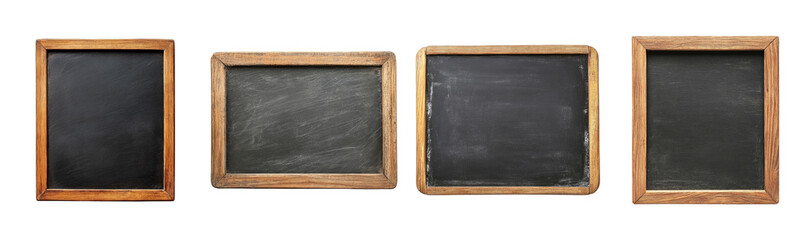 Set of black blank chalkboards with wood frame isolated on transparent background