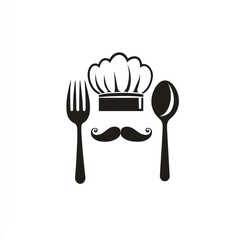 Chef icon, cutlery, mustache, food logo, restaurant symbol, kitchen, simple design, food industry, use for food business