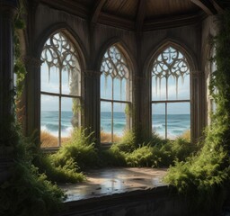 Chapel's windows are covered in seaweed and foam, waves crashing, chapel
