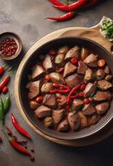 Chicken liver dish with vinegar and chili peppers, Meat cooking , Food cooking