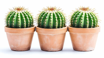 Three potted cacti, studio shot, white background, home decor