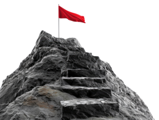 Mountain with staircase to the summit with red flag, concept of steps to success, isolated on transparent background