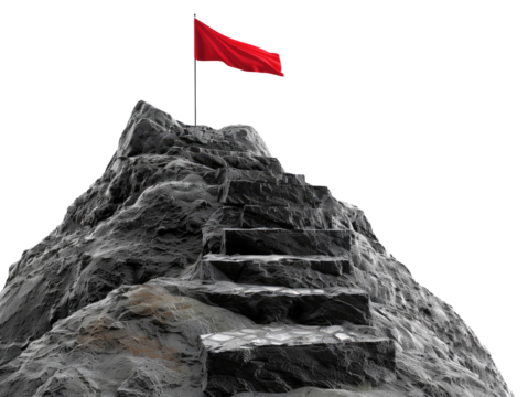 Mountain with staircase to the summit with red flag, concept of steps to success, isolated on transparent background