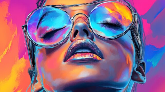 Colorful Portrait of a Woman with Sunglasses and Vibrant Background