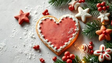 Fototapeta premium Christmas cookie with a sugar heart shape surrounded by festive decorations, festive, celebration, close-up