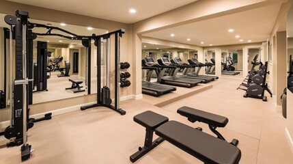 Fototapeta premium Luxurious home gym with treadmills, weight machines, and benches.
