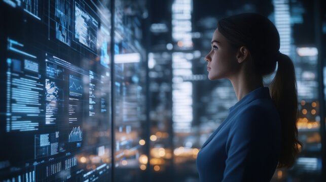 Future of Business: A Woman Gazes at a Futuristic Data Interface in a Vibrant Cityscape