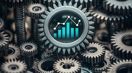 Conceptual image of gears and cogs turning with a rising graph in the center symbolizing the progress growth and development of a business or industry  The image represents the technological