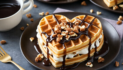 Heart-shaped Waffle with chocolate sauce, syrup, nuts and fruits, close-up photo