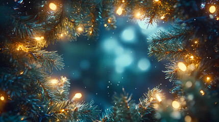 Fototapeta premium Fir Tree Branch Light Bulb Decoration Green Background Christmas Ambience