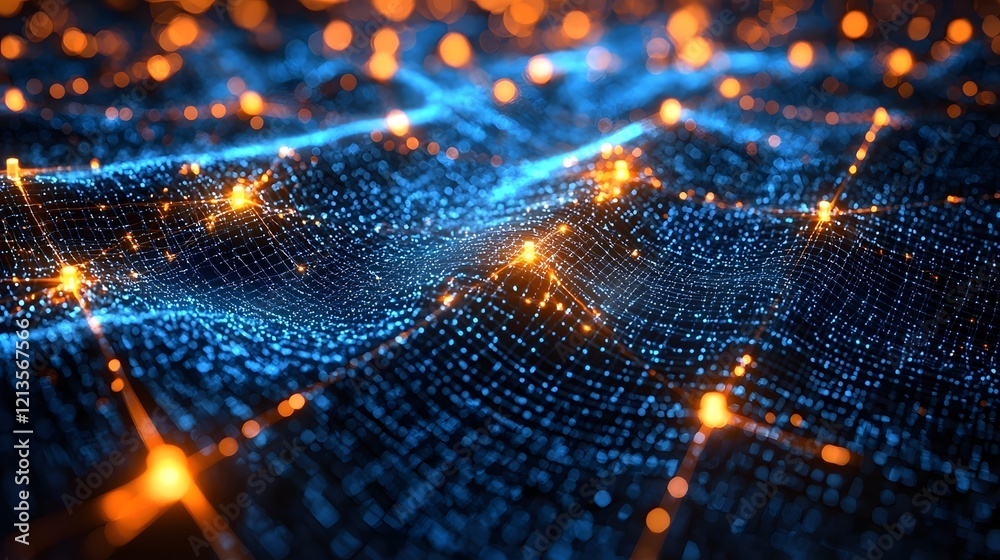 Poster glowing digital network of interconnected nodes representing technological innovation digital transf