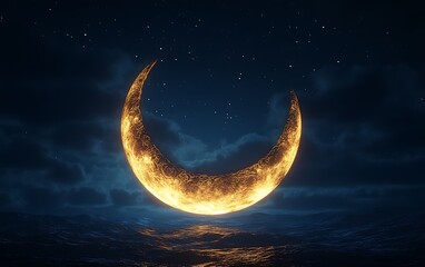 Glowing crescent moon over dark sea at night.