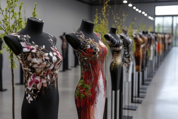 Obraz premium A collection of striking fashion sculptures is showcased in a contemporary exhibition space. Each piece features intricate floral designs, blending nature and art seamlessly