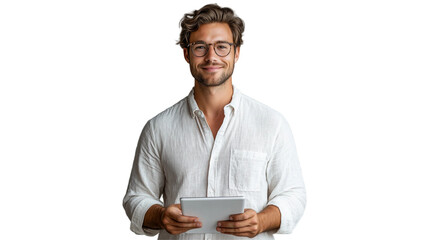 A smiling young handsome man holding a tablet isolated on white background. Suitable for marketing or business purposes. PNG file