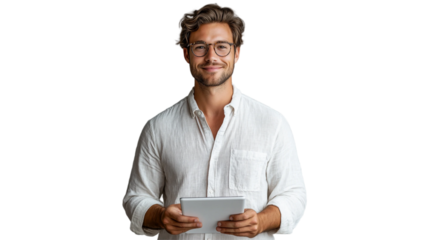 A smiling young handsome man holding a tablet isolated on white background. Suitable for marketing or business purposes. PNG file
