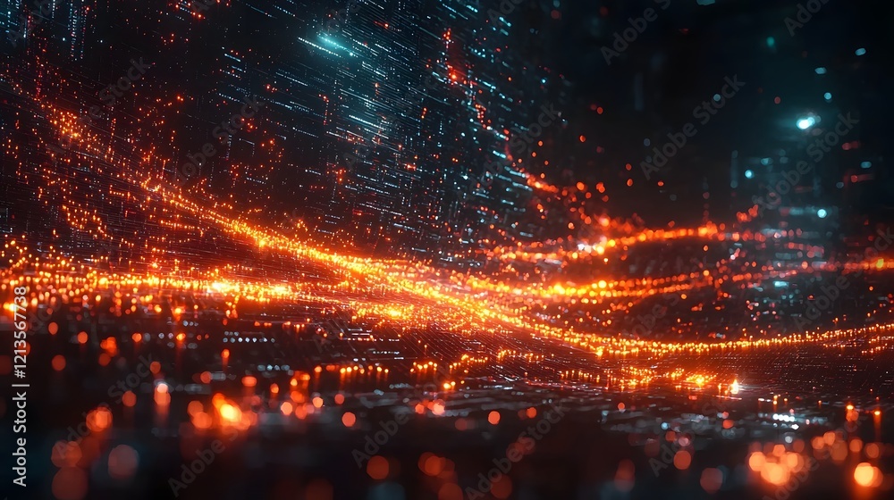 Poster a captivating and fluid matrix of glowing digital data lines flowing and pulsing across a dark futur
