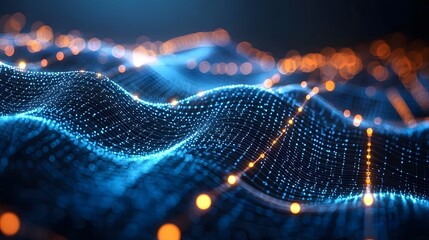 Mesmerizing abstract visualization of glowing digital data lines and waves flowing dynamically across a dark background representing the interconnected nature of technology and information