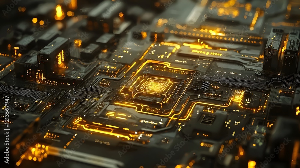 Poster glowing high tech circuit board interconnections in digital network futuristic abstract background w