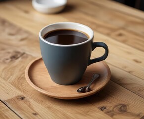 An elegant ceramic cup filled with a shot of concentrated coffee, placed on a simple wooden table , table, wood