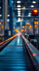 Industrial conveyor belt in a factory at night.