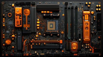 Circuit board abstract background featuring a CPU microchip, conductor paths, and motherboard components, symbolizing AI technology and digital advancements.