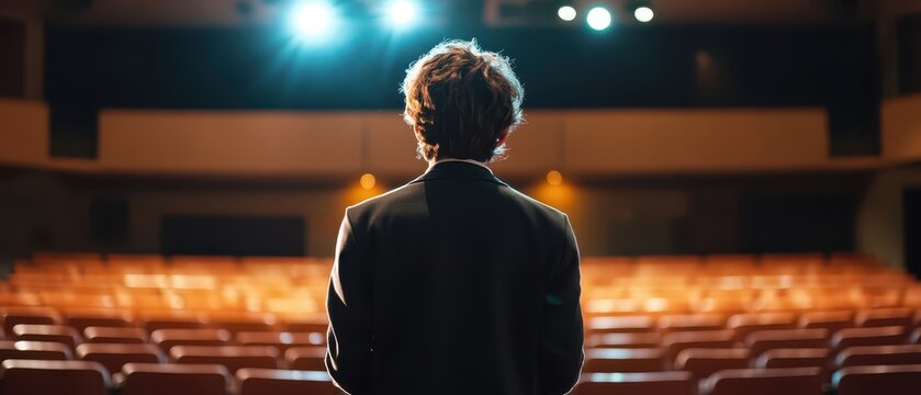 Backside of a student wearing a school blazer, standing on stage in an empty auditorium with a spotlight above