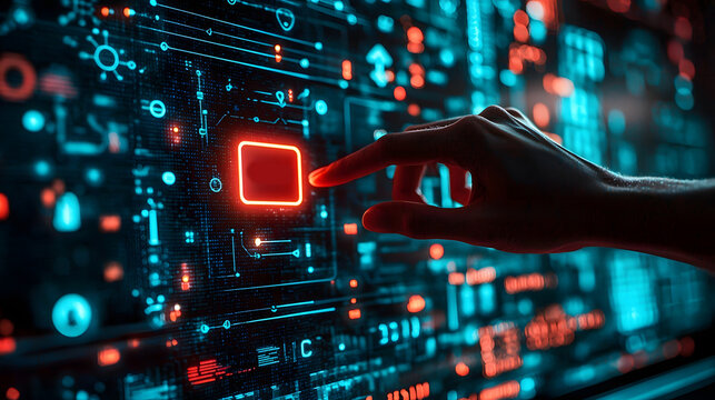 Close up view of a hand pressing a large red restart button on a futuristic high tech digital screen symbolizing the concept of new beginnings fresh starts and rebooting a system or process