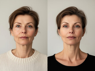 before and after of 50s woman face with wrinkles, cosmetic surgery and treatment looking younger	